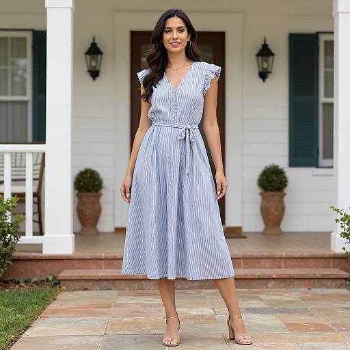 Photograph of a smiling woman with long dark hair, wearing a blue and white striped dress, standing on a porch with white columns and potted plants