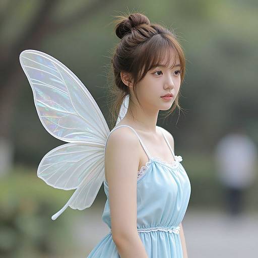 Photograph of a young Asian girl with fair skin, brown hair in a bun, wearing a light blue dress and translucent fairy wings, standing in a