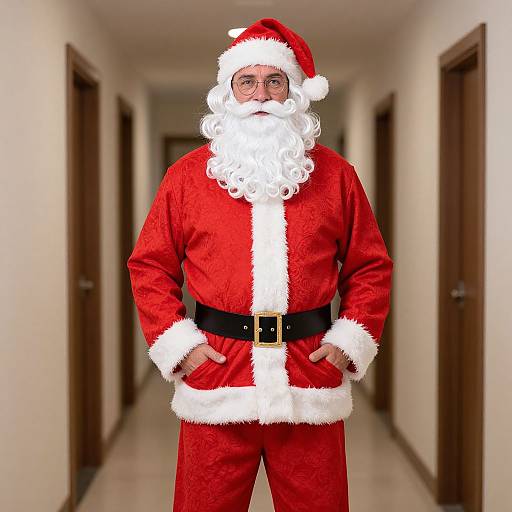 Photograph of a heavyset man in a red Santa Claus outfit with white fur trim, black belt, and hands in pockets, standing in a long