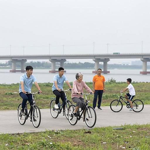 Multigenerational Family Cycling Near River Bridge