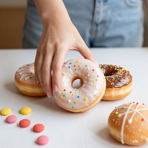 Photograph of a hand with fair skin, wearing a blue denim shirt, touching a pink-glazed donut with colorful sprinkles on a white table