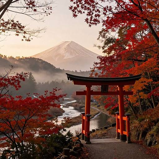 Photograph of a vibrant red torii gate in autumn, with colorful foliage, leading to a serene river and snow-capped mountain in the background.