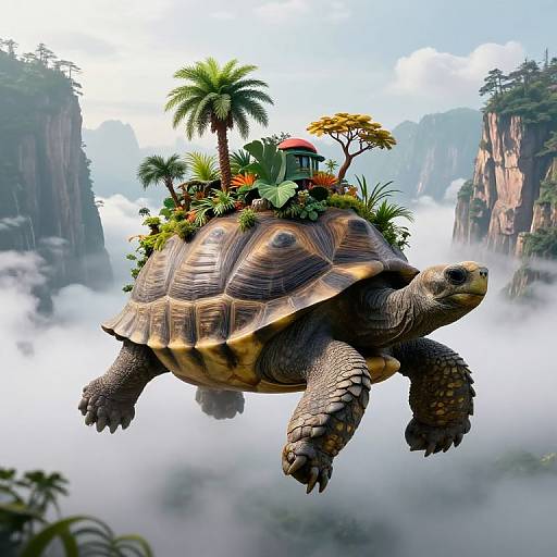 Digital art of a giant turtle with a lush, tropical island and small house on its back, flying over a misty mountainous landscape.
