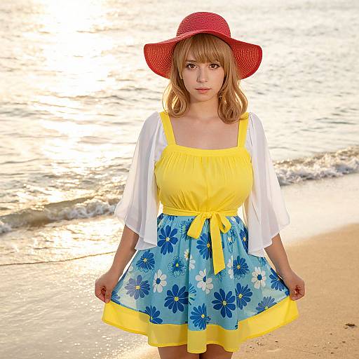Photograph of a young woman in a yellow dress with blue floral skirt, white sleeves, and red sunhat, standing on a sunny beach with gentle