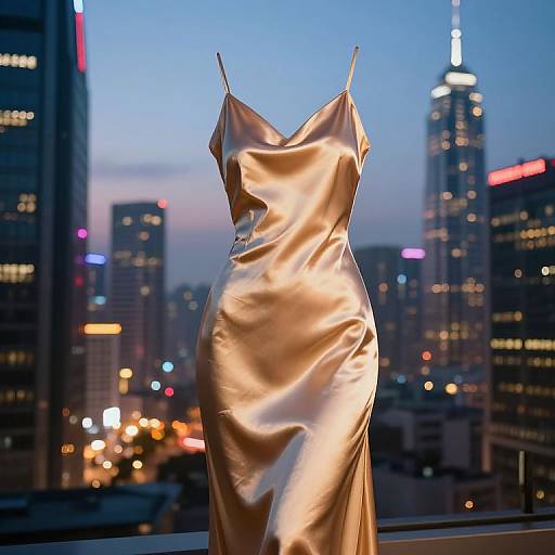 Photograph of a golden satin evening gown hanging against a twilight city skyline with illuminated skyscrapers and colorful lights.