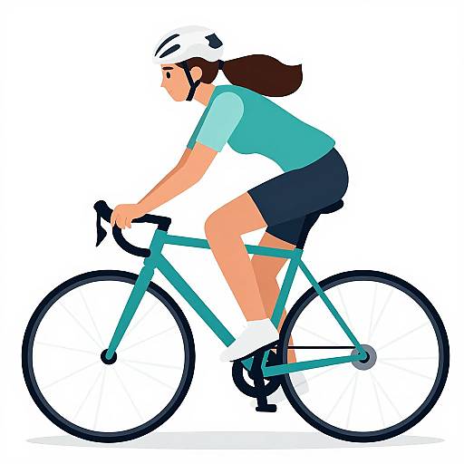 Digital illustration of a woman with long brown hair, wearing a blue shirt, black shorts, white helmet, and teal bike, cycling forward. White background