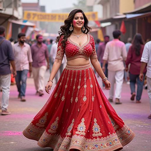 Photograph of a smiling South Asian woman in a red, gold-embroidered traditional lehenga set, walking through a colorful, bustling street festival