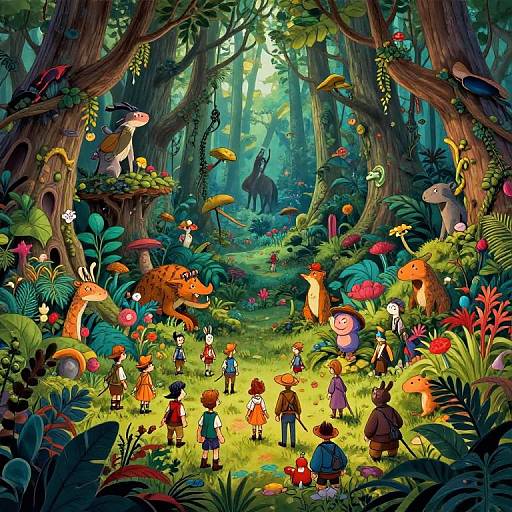 Vibrant digital illustration of a whimsical forest with colorful mushrooms, diverse animals, and children exploring. Tall trees and lush greenery create a magical