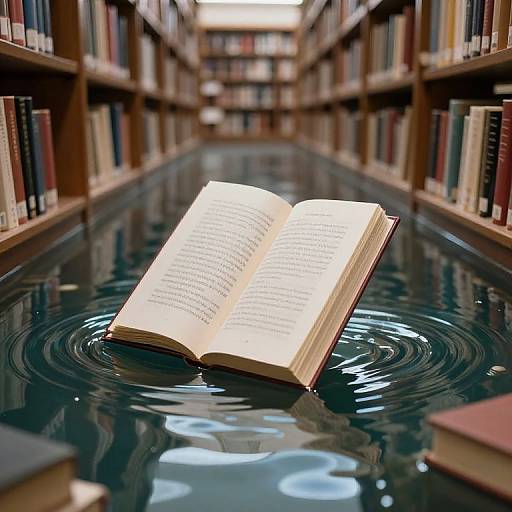 Photograph of an open book floating on a reflective, ripples-causing water surface in a long, book-filled library aisle.