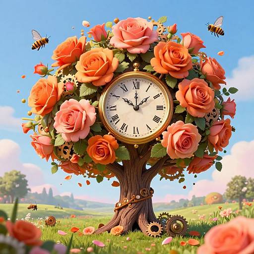 Digital artwork of a clock tree with vibrant orange roses, bees, and gears against a blue sky and green field.