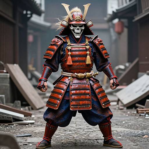 Photograph of a menacing samurai warrior in traditional red and black armor, with a skull mask, standing in a ruined, narrow alleyway.