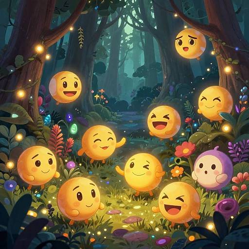 Whimsical digital illustration of glowing, smiley face orbs in a magical forest, surrounded by glowing fireflies, colorful flowers, and enchanted trees.