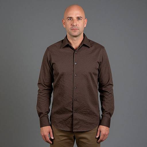 Photograph of a bald, middle-aged man with a serious expression, wearing a black button-down shirt and brown pants, against a plain gray background.