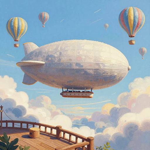 Whimsical Airship and Hot Air Balloons Above Clouds