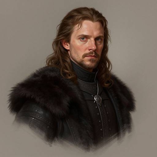 Digital portrait of a serious, bearded man with long brown hair, wearing a black fur-lined medieval tunic, against a gray background.