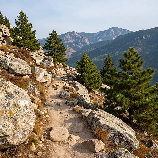 Photograph of rocky mountain trail winding through pine trees, with rugged mountains and clear sky in the background. Sunlit, textured rocks and dirt path dominate