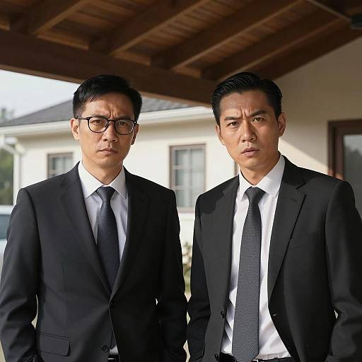 Two serious men in suits standing under wooden roof