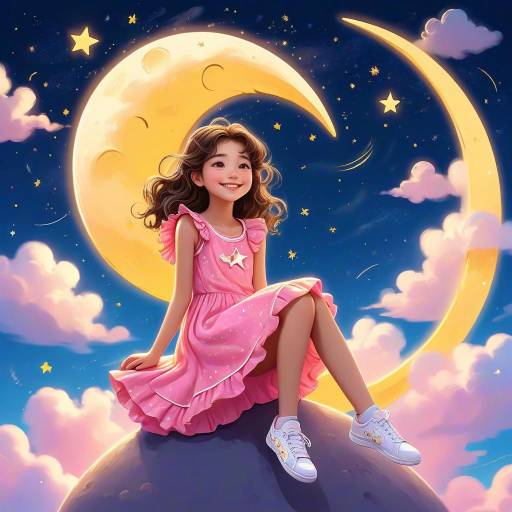 Magical Night: Girl on Crescent Moon