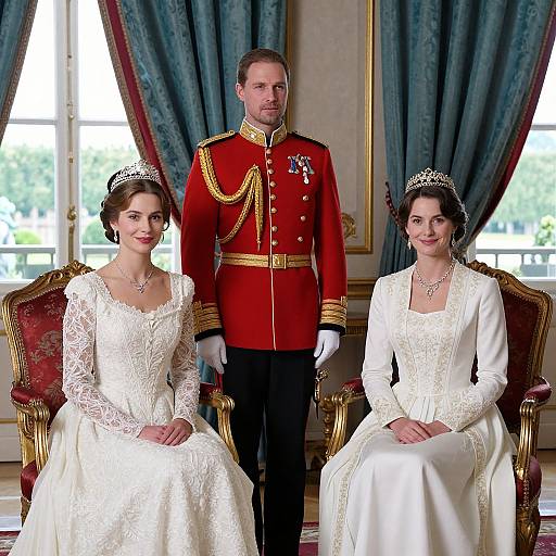 Photograph of a royal family portrait: Two women in white lace wedding dresses with tiaras, seated; a man in a red military uniform with medals