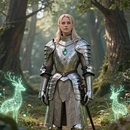 Digital artwork of a blonde, blue-eyed elf woman in silver armor with green gemstones, standing in a forest with glowing green deer spirits.