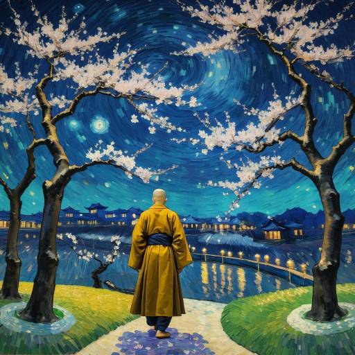 Monk in Cherry Blossom Grove at Night