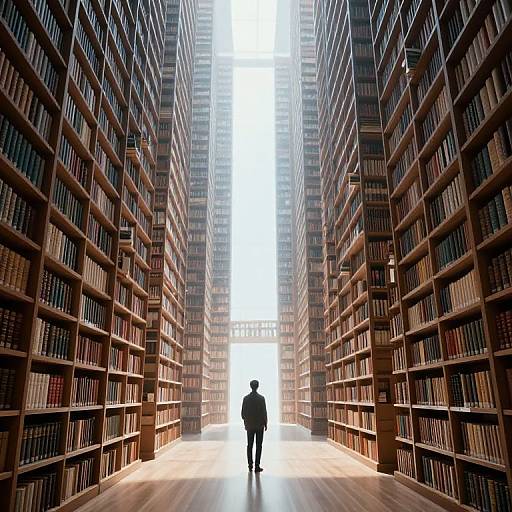 Photograph of a solitary figure standing in the center of a vast, illuminated library aisle flanked by towering bookshelves.