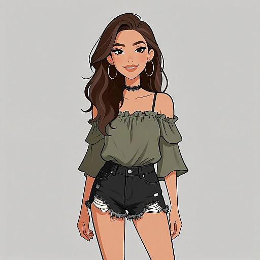 Digital illustration of a smiling, long-haired woman with olive skin, wearing an off-shoulder green top, black high-waisted shorts, and