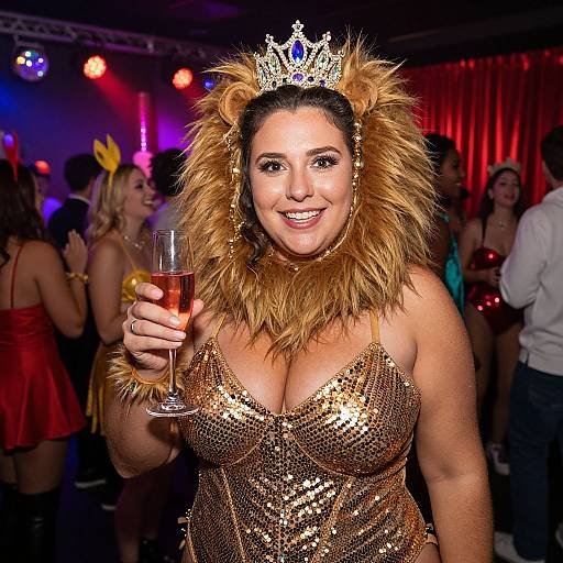 Photograph of a smiling woman with a lion mane headpiece, gold sequin dress, and tiara, holding a glass of champagne at a lively