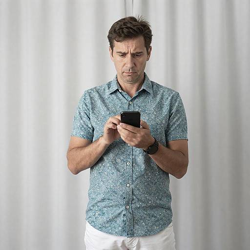 Man in Teal Floral Shirt Using Smartphone