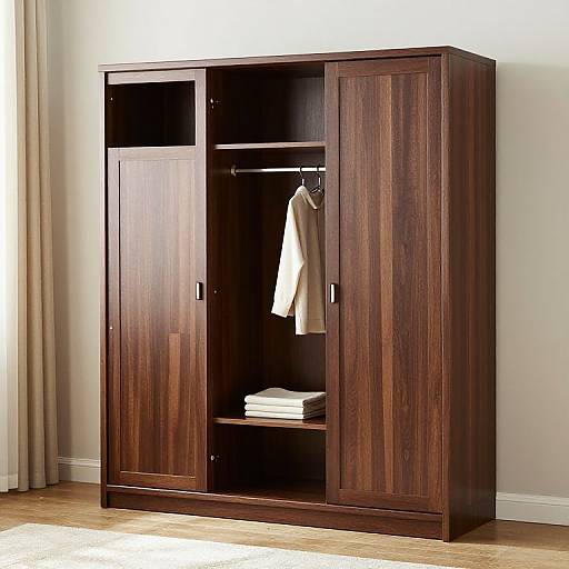 Photograph of a dark wooden wardrobe with two closed doors, an open hanging space with a beige shirt, and a stacked white towel inside. Beige