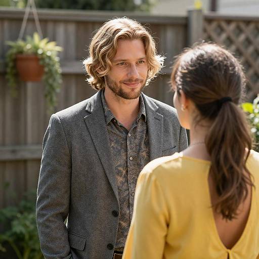 Man Smiling at Woman in Sunlit Garden
