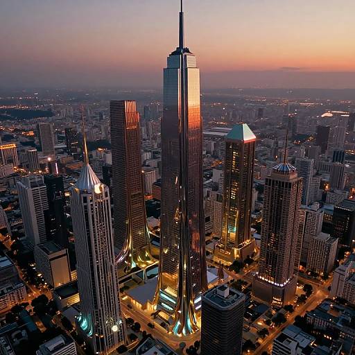 Aerial photograph of a cityscape at sunset, featuring a tall, illuminated skyscraper with a pointed top, surrounded by other modern buildings with glowing windows