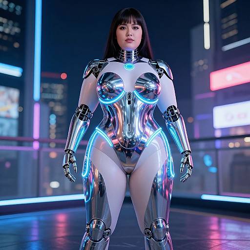 CGI image of an Asian woman in a shiny, futuristic, metallic bodysuit with neon blue accents, standing in a neon-lit cityscape