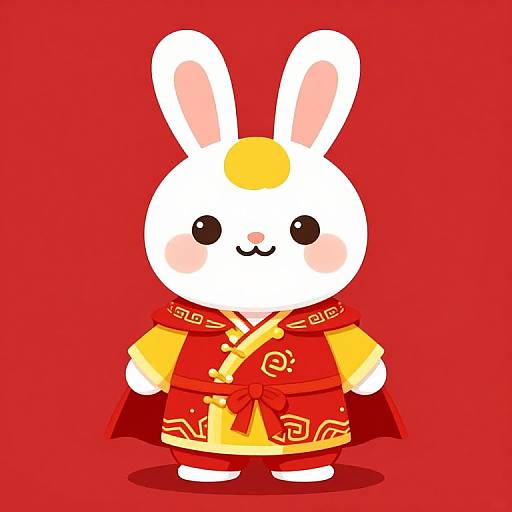 Cute digital drawing of a white bunny in a red and yellow traditional Chinese outfit with a red sash, standing against a solid red background.