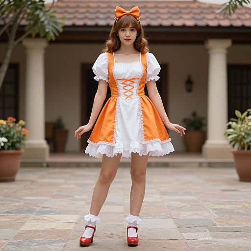 Young Asian woman in orange and white Lolita dress, red bow, white socks, red Mary Janes, standing on stone patio. Photorealistic
