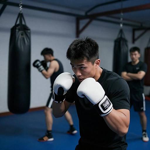 Intense Action in Dimly Lit Boxing Gym