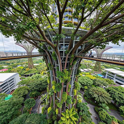 Photograph of a towering tree with extensive branches and green foliage, integrated into a modern, multi-story building with glass balconies and surrounding lush gardens.