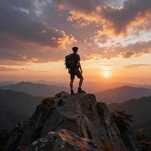 Photograph of a hiker in silhouette standing on a rocky peak, back facing the orange and purple sunset over mountain ranges.