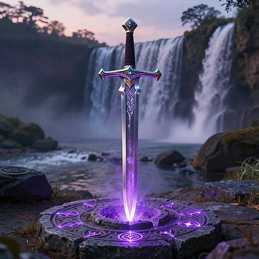 Photograph of a glowing purple sword with intricate designs, standing on a circular magical rune, in front of a majestic waterfall at dusk.