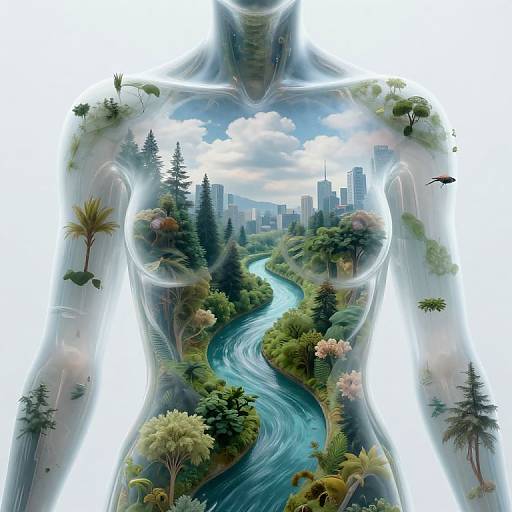 Digitally illustrated, translucent human figure with a cityscape and flowing river inside, surrounded by diverse greenery and trees, blending human and nature.