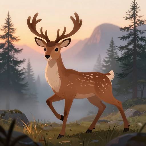 Digital illustration of a young, brown deer with white spots and large antlers, walking in a misty forest at sunset. Mountains and pine trees in