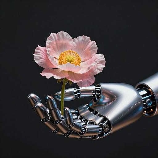 Photograph of a delicate pink flower held by a shiny, metallic robotic hand against a dark background, highlighting contrast between nature and technology.