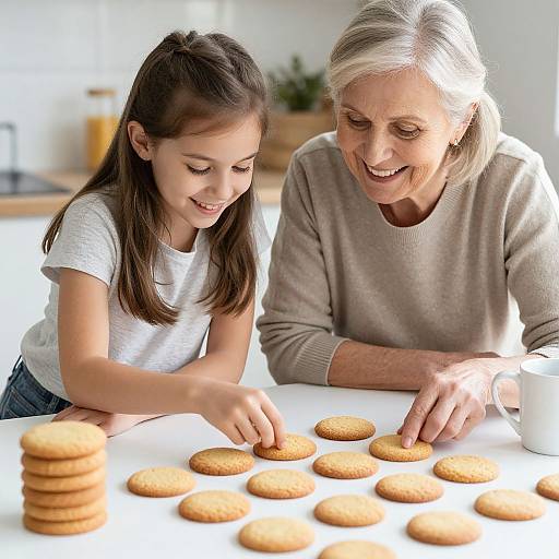 Photograph of an elderly woman with white hair and a young girl with brown hair, both smiling, baking cookies together on a white table with a stack