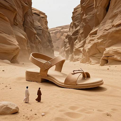 Photorealistic CGI: Desert canyon with towering sandstone cliffs, two tiny figures in traditional robes near a large, bronze sandal in the foreground.