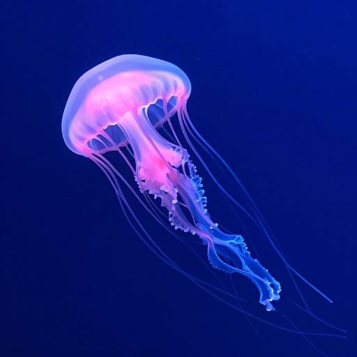 Photograph of a glowing, pink and blue jellyfish with translucent tentacles against a deep blue background, highlighting its ethereal, bioluminescent