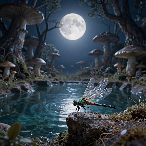 Photograph of a vibrant dragonfly with transparent wings perched on a mossy rock by a moonlit, mushroom-filled forest pond.
