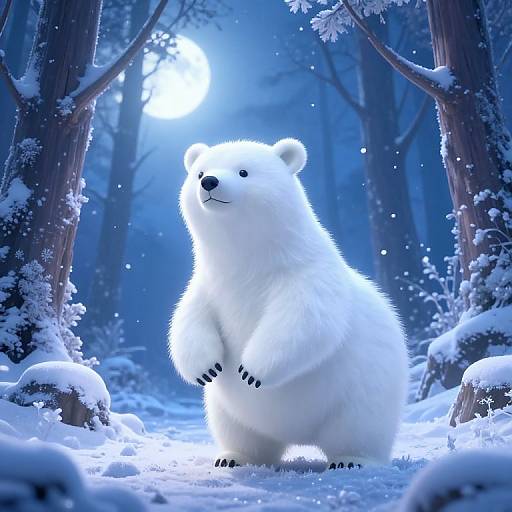 Photorealistic digital artwork of a standing polar bear in a snowy forest at night, illuminated by a bright full moon.