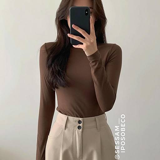 Woman in Brown Top and Beige Pants Taking Selfie