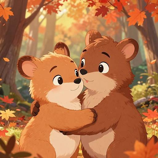 Digital illustration of two cute, fluffy brown and orange teddy bears hugging in a vibrant autumn forest with red leaves.