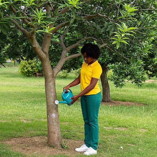 Woman Watering Tree in Vibrant Outfit